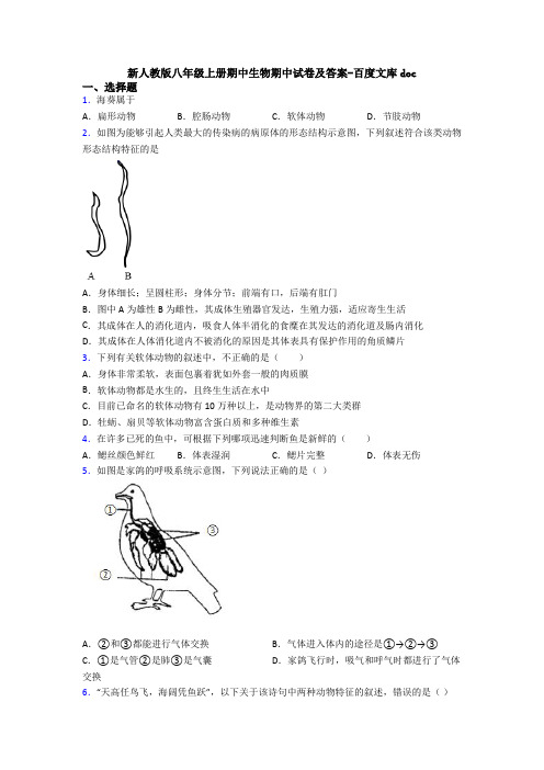新人教版八年级上册期中生物期中试卷及答案-百度文库doc