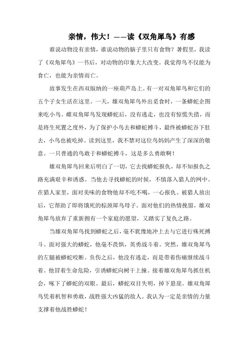 亲情,伟大!——读《双角犀鸟》有感(1000字).docx