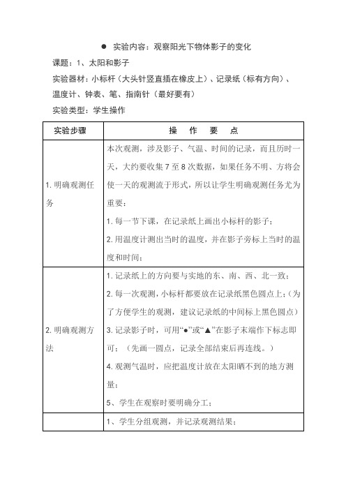小学科学实验操作项目及技能要求
