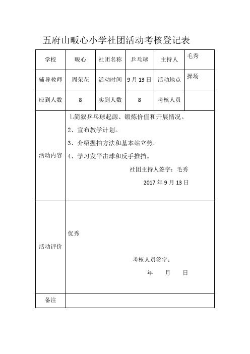 乒乓球社团活动考核登记表