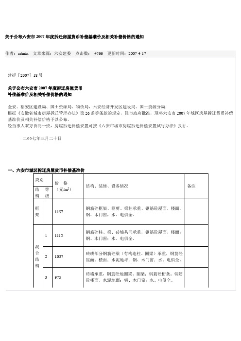 关于公布六安市2007年度拆迁房屋货币补偿基准价及相关补偿价格的通知