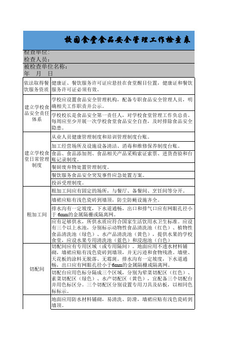 校园食堂食品安全管理工作检查表