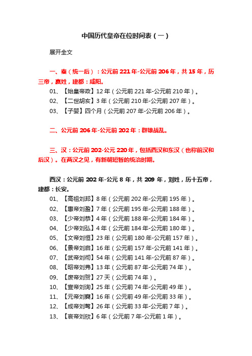 中国历代皇帝在位时间表（一）