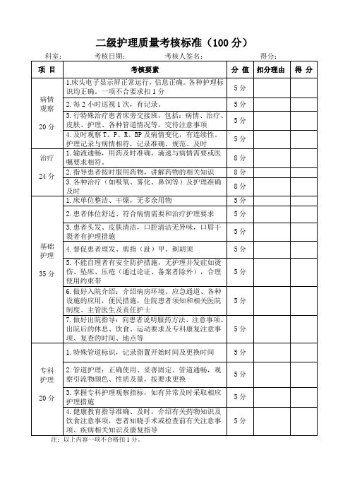 二级护理质量考核标准