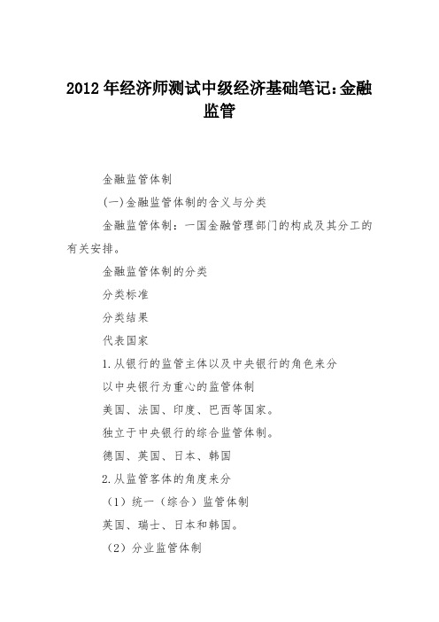 2012年经济师测试中级经济基础笔记：金融监管