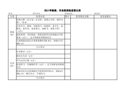 XX小学教案、作业批阅检查登记表