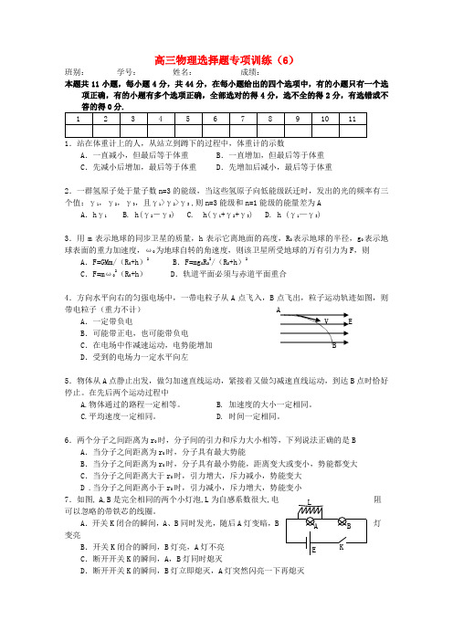 宁波市鄞州五乡中学高三物理 选择题专项训练(6)