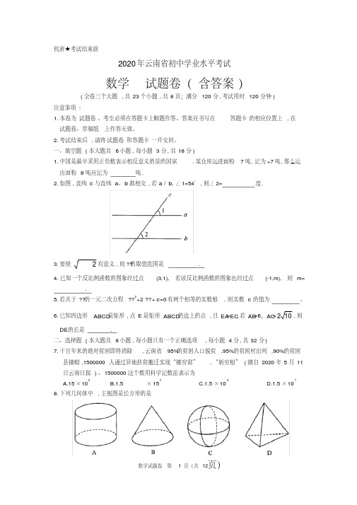 2020年云南省中考数学试题(含答案)