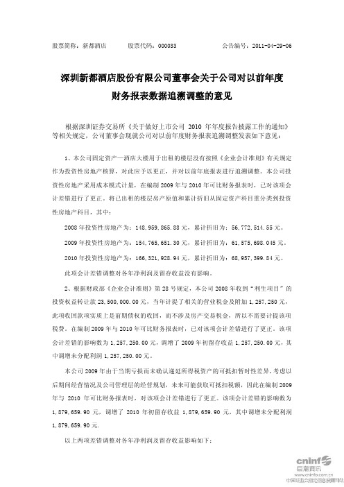 新都酒店董事会关于公司对以前年度财务报表数据追溯调整的意见等