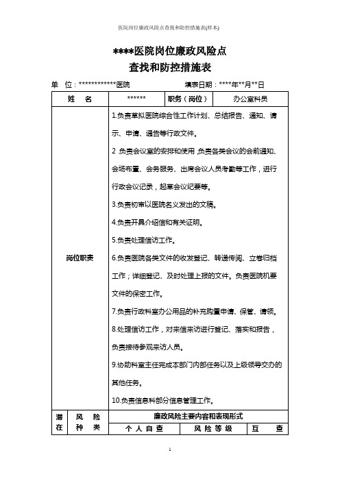 医院岗位廉政风险点查找和防控措施表(样本)