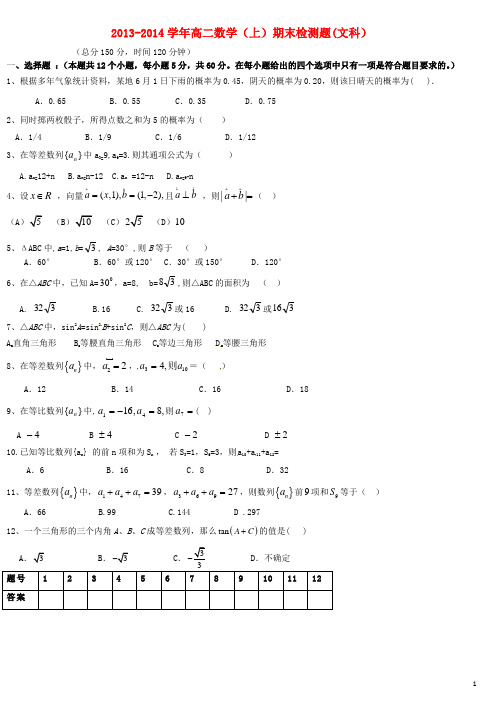 云南省师范大学附属中学2013-高二数学上学期期末考试试题 文(无答案)
