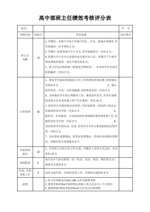 高中部班主任绩效考核评分表+总结(标准版)