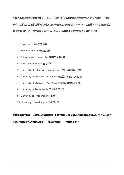 2015USNEWS美国大学护理专业研究生排名