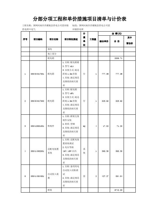电气分部分项和单价措施项目清单表