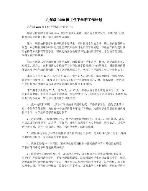 九年级2020班主任下学期工作计划