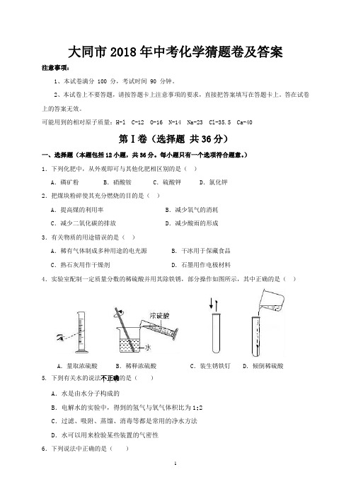 大同市2018年中考化学猜题卷及答案
