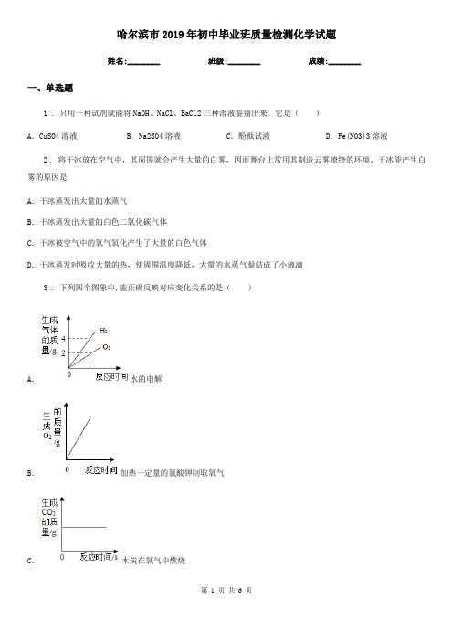 哈尔滨市2019年初中毕业班质量检测化学试题