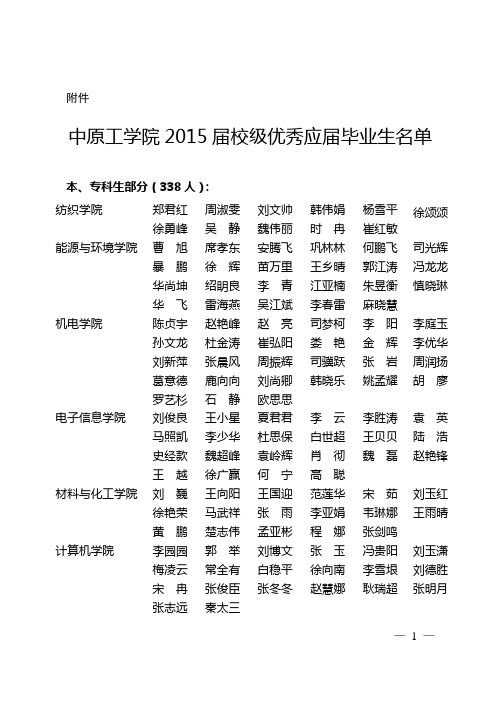 中原工学院2015届校级优秀应届毕业生名单