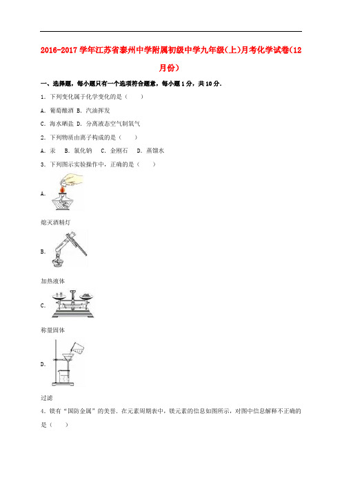 江苏省泰州市九年级化学上学期12月月考试卷(含解析) 新人教版