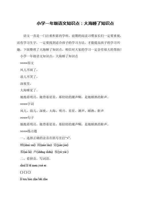 小学一年级语文知识点：大海睡了知识点