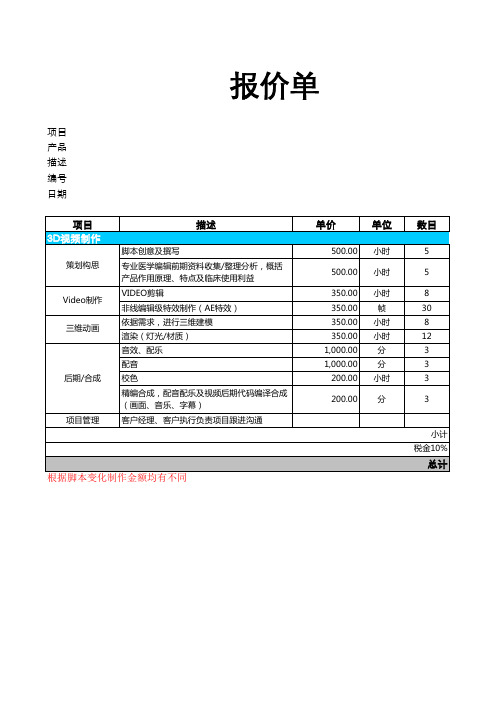 视频动画报价单