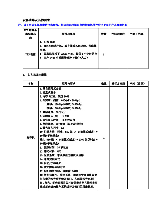设备清单及具体要求