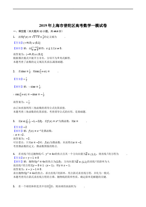 2019年上海市普陀区高考数学一模试卷(精编含解析)