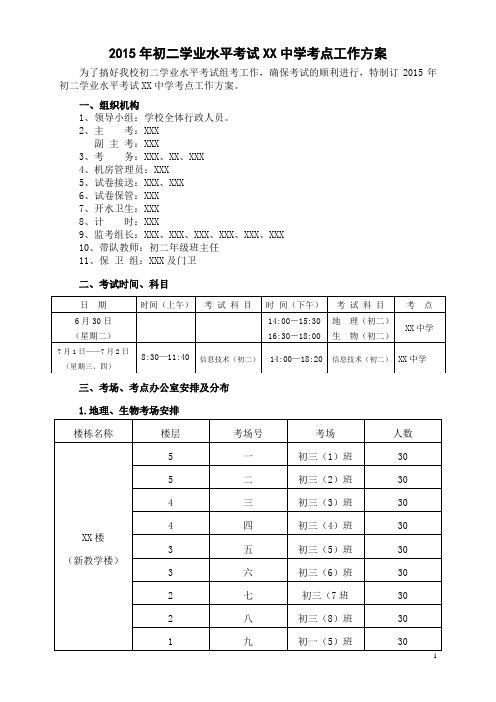 2015年初二学业水平考试XX中学考点工作方案
