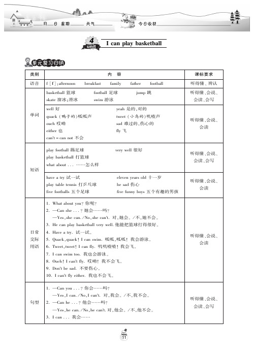 译林版英语四年级上寒假作业·Unit4 I can play basketball