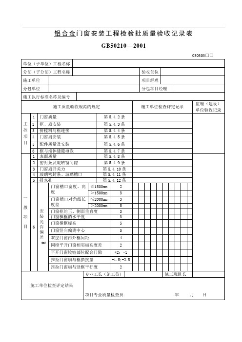 铝合金门窗安装工程检验批质量验收记录表