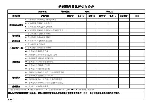 培训课程评分表EXCEL模板(推荐)