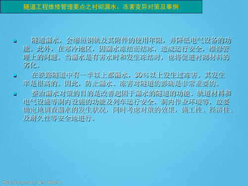 隧道工程维修管理要点之衬砌漏水、冻害变异对策及事例PPT