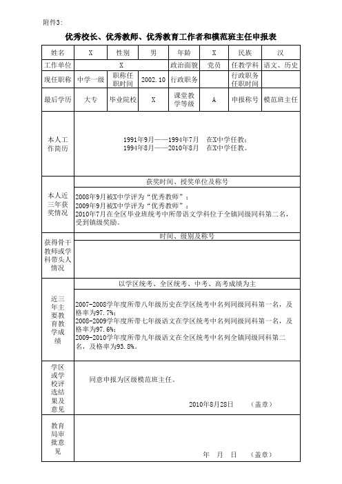 优秀校长、优秀教师、优秀教育工作者和模范班主任申报表