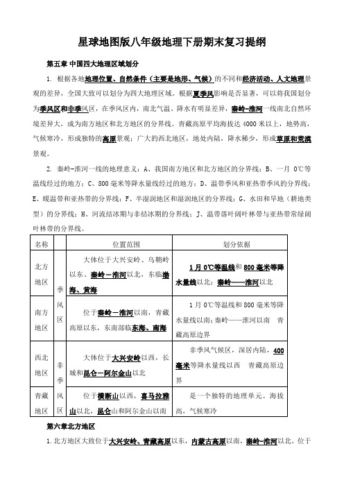 星球地图版八年级地理下册期末复习提纲