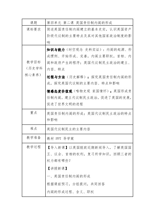 高中历史选修2教案-4.2英国责任制内阁的形成1-人教版