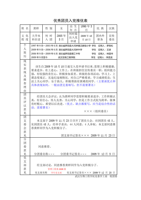 优秀团员入党推优表示例