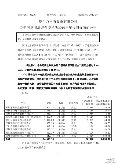 万里石：关于回复深圳证券交易所2019年年报问询函的公告