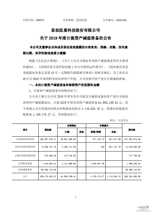 思创医惠：关于2019年度计提资产减值准备的公告
