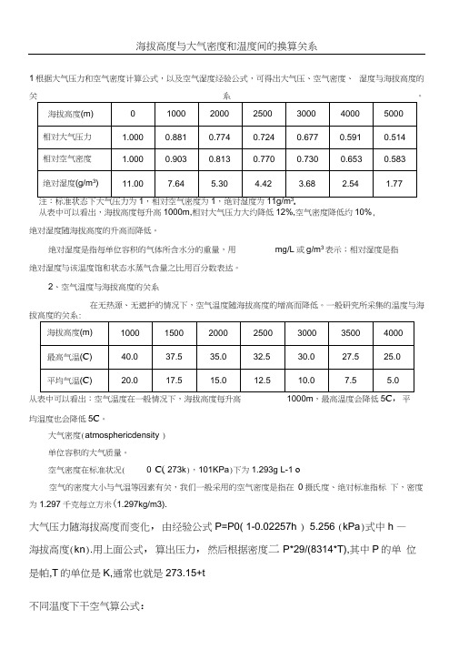 海拔与大气密度和温度间的换算关系