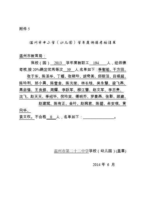 温州市中小学(幼儿园)学年度师德考核结果 - 温州市第二十二中学