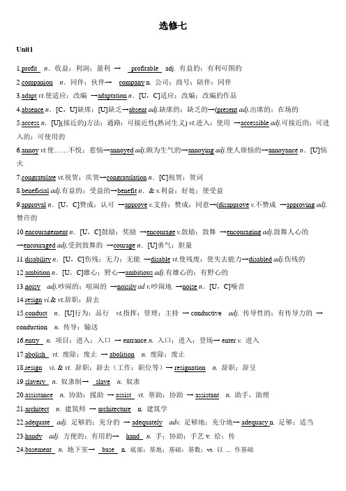 人教版高中英语选修7重点词词性转换