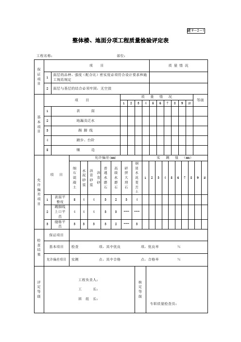 整体楼地面分项工程质量检验评定表