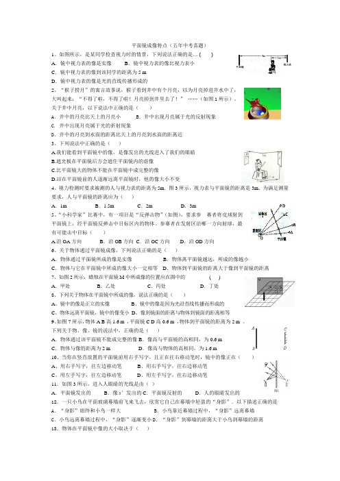 平面镜成像特点(五年中考真题)