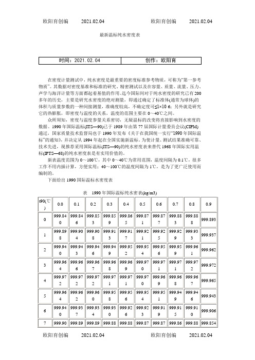 水的密度表之欧阳育创编