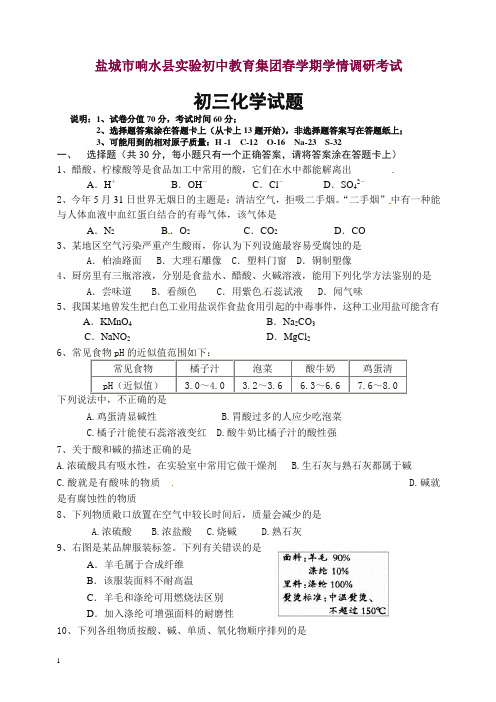 (人教版)2018-2019江苏省盐城市响水县实验初中教育集团2013届九年级下学期学情调研考试化学试题 .doc