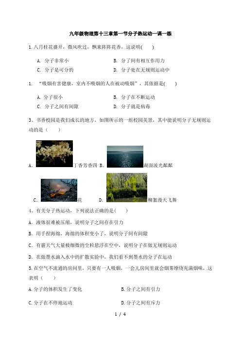 九年级物理第十三章第一节分子热运动一课一练