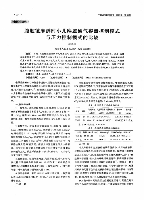 腹腔镜麻醉时小儿喉罩通气容量控制模式与压力控制模式的比较