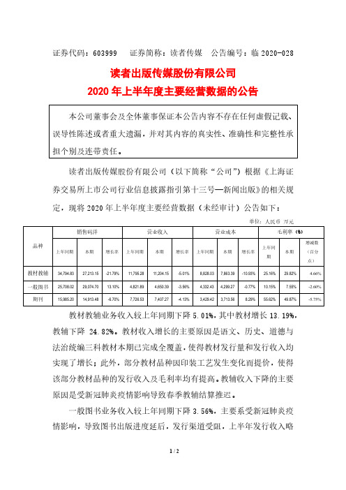 读者传媒：2020年上半年度主要经营数据的公告