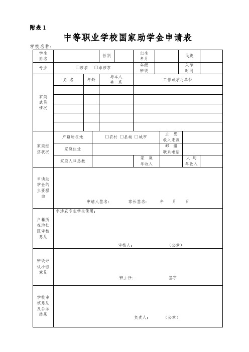 中等职业学校国家助学金申请表
