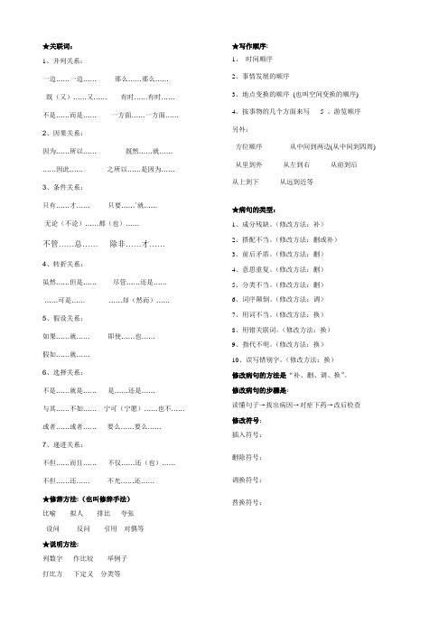 关联词、修辞、病句、说明方法、写作顺序